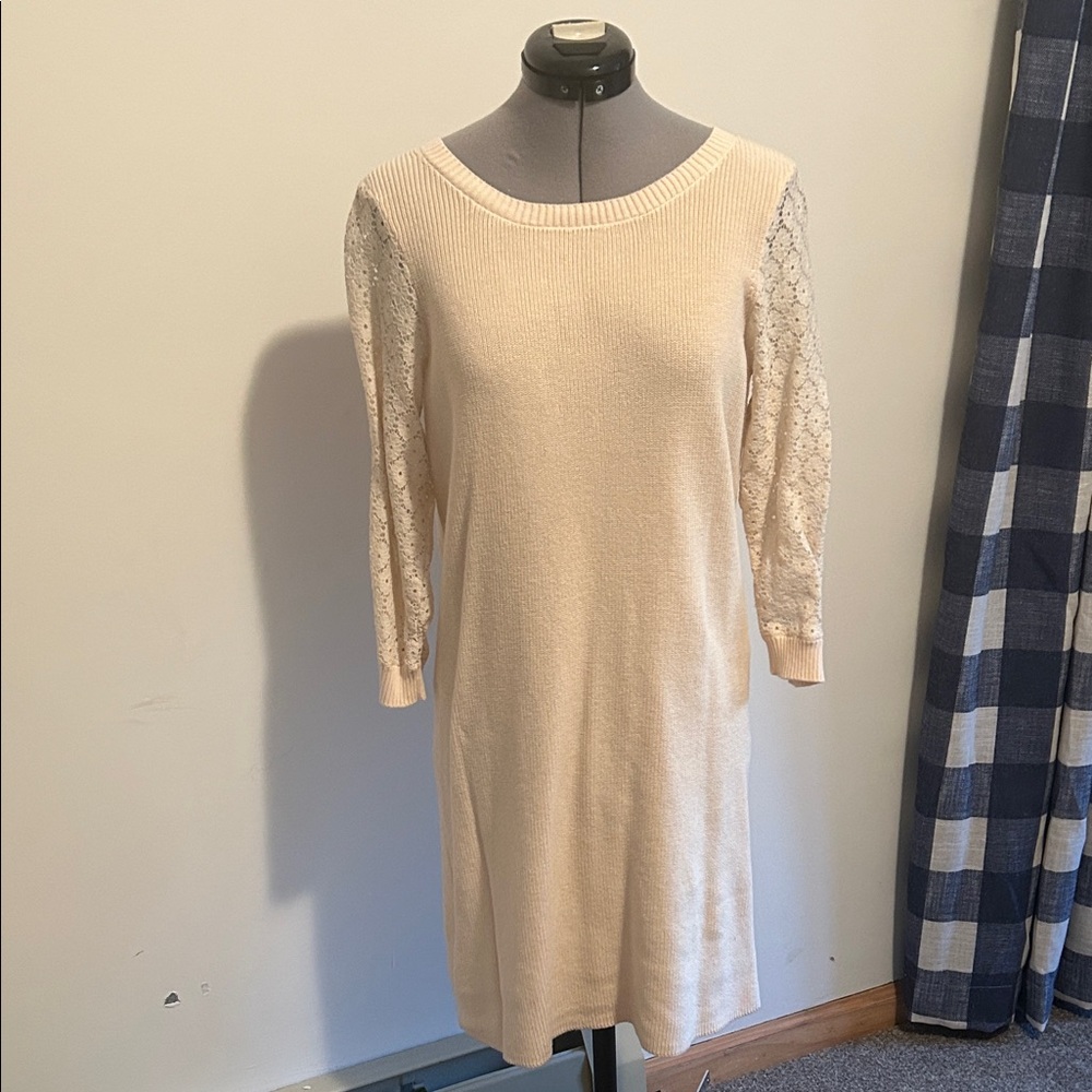 Ann Taylor Cream Knit & Lace Long Sleeve Dress